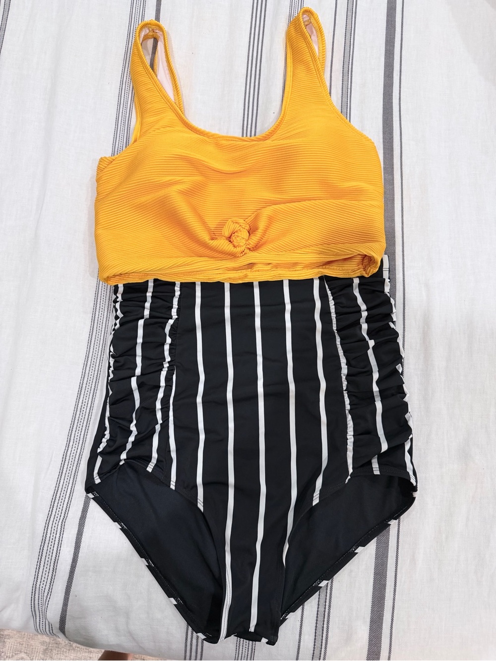 Yellow Knot-Front & Black-Striped One-Piece Swimsuit